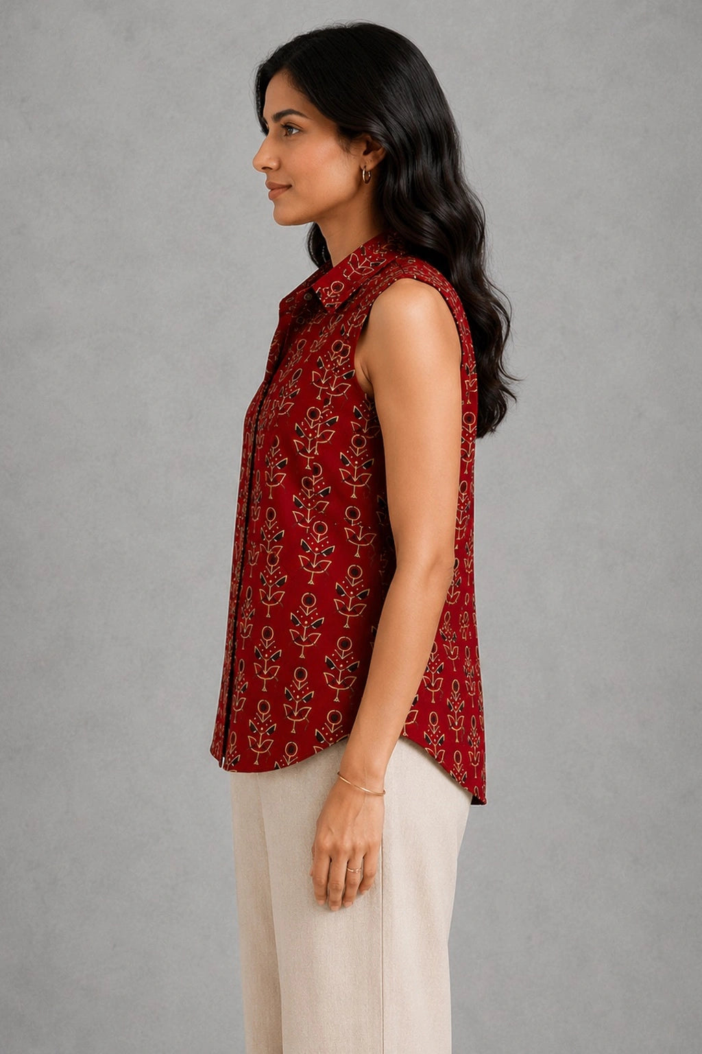 Maroon Hand Block Print Handwoven Pure Cotton Sleeveless Top