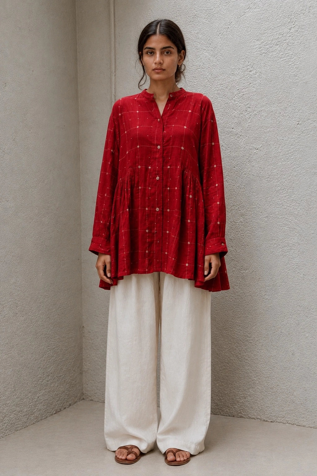 Crimson Red Check Pure Cotton Jamdani Top