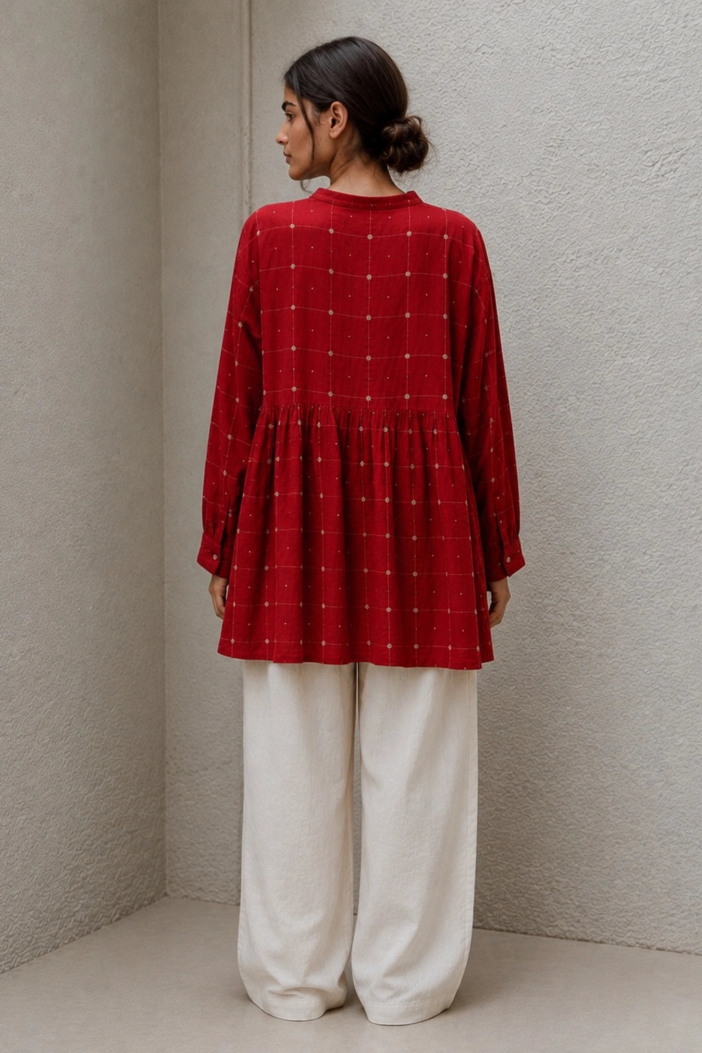 Crimson Red Check Pure Cotton Jamdani Top