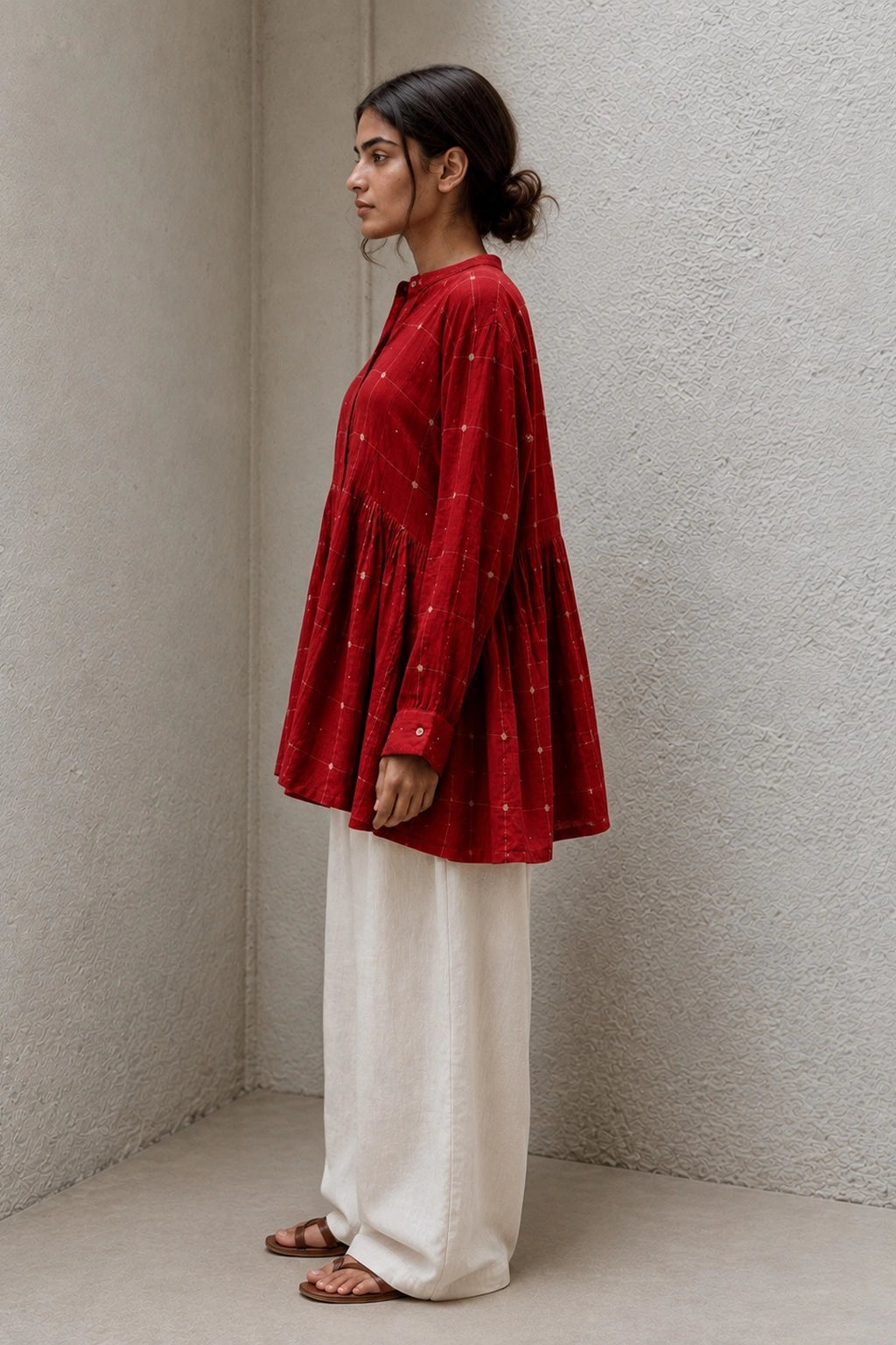 Crimson Red Check Pure Cotton Jamdani Top