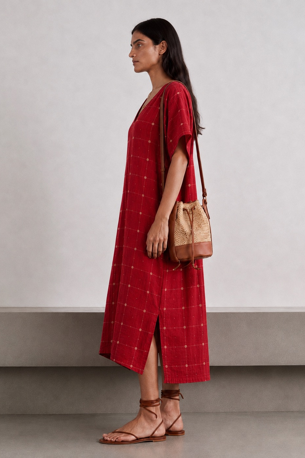Crimson Red Check Pure Cotton Jamdani Dress