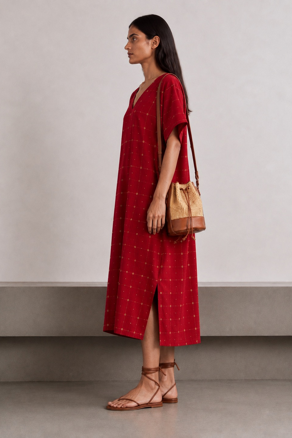 Crimson Red Check Pure Cotton Jamdani Dress