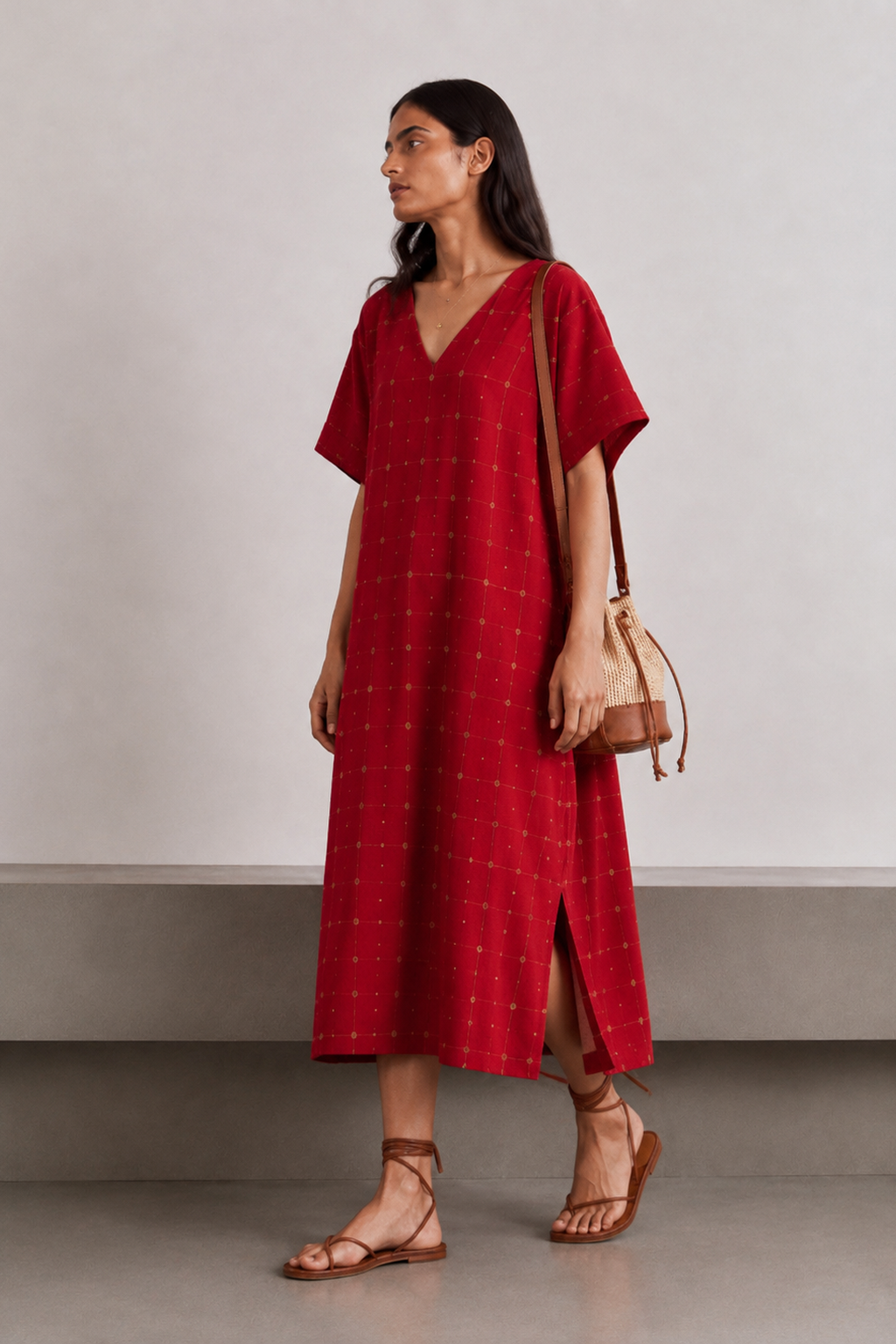 Crimson Red Check Pure Cotton Jamdani Dress