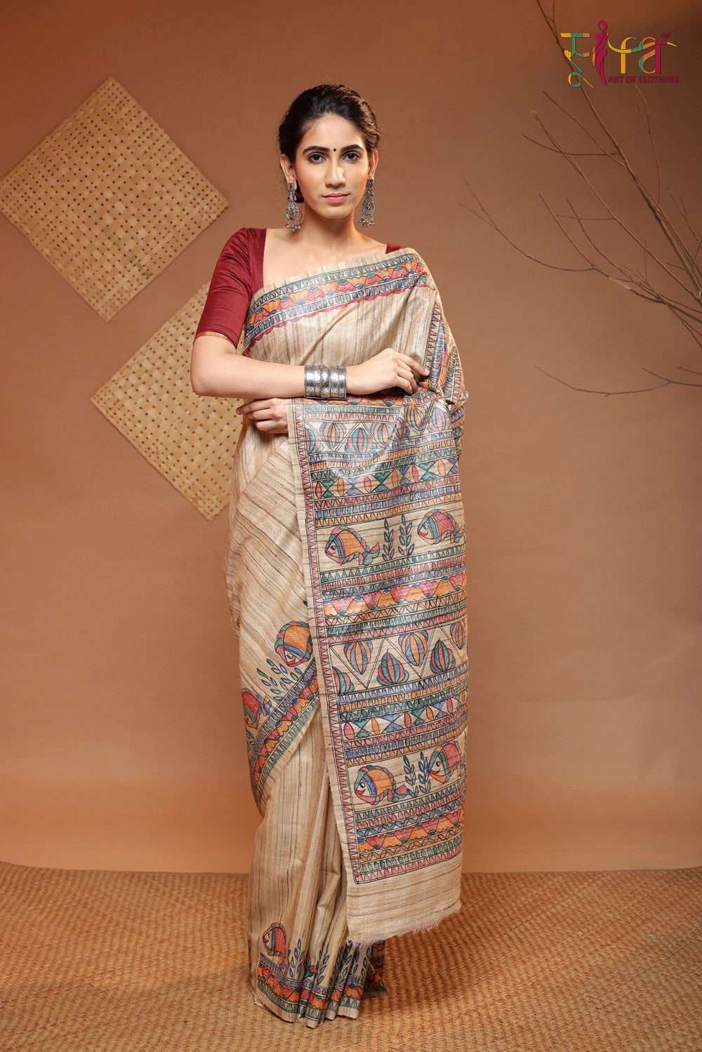 Tan Brown Handloom Pure Tussar Silk Madhubani Hand Painted Saree