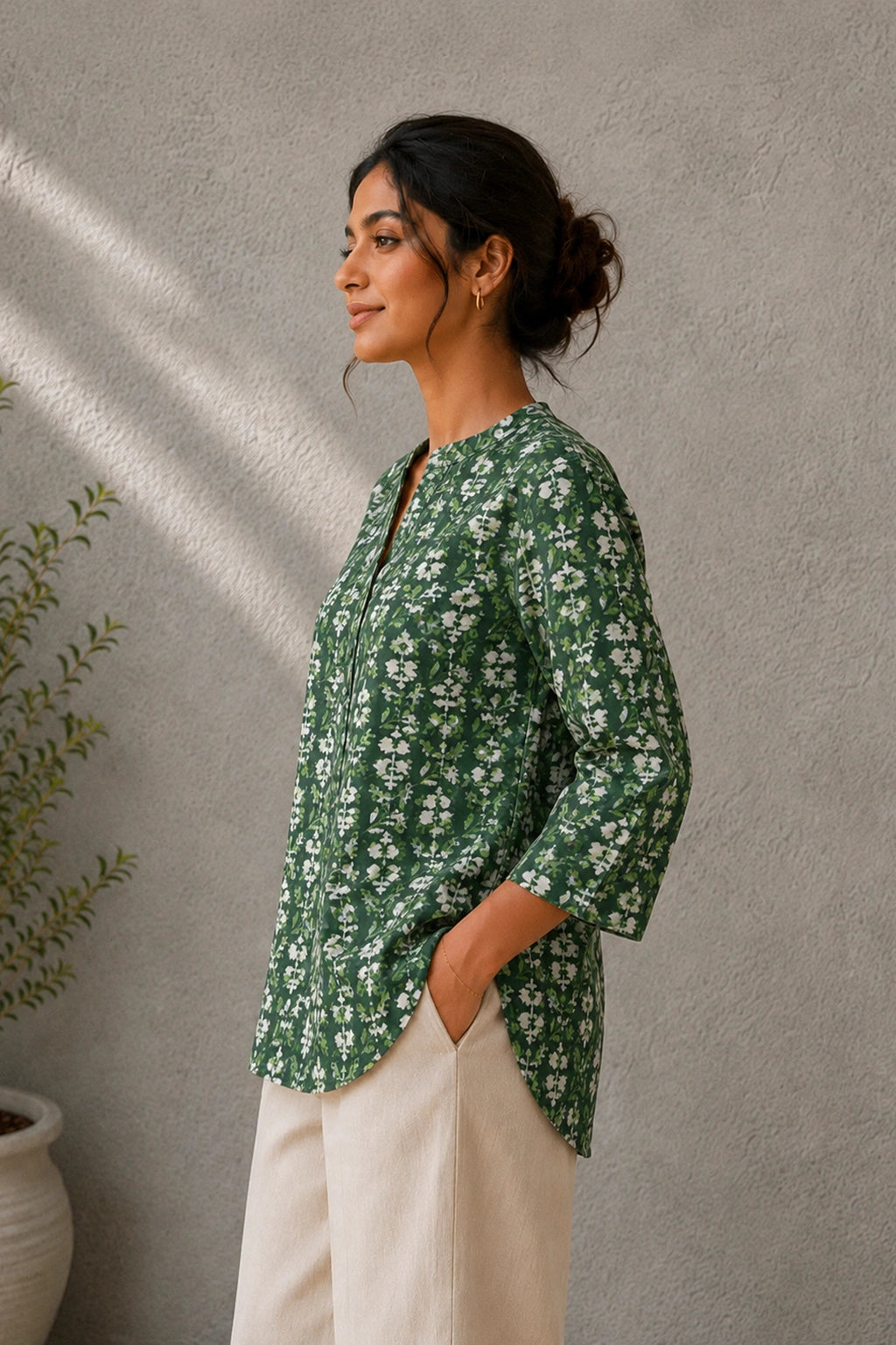 Green Floral Hand Block Print Pure Cotton Top