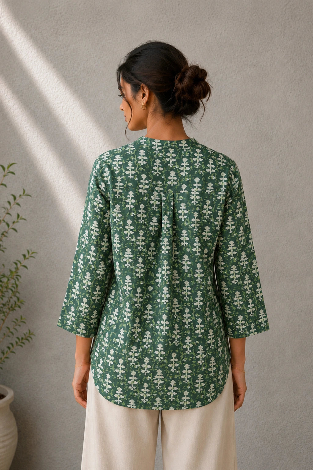Green Floral Hand Block Print Pure Cotton Top