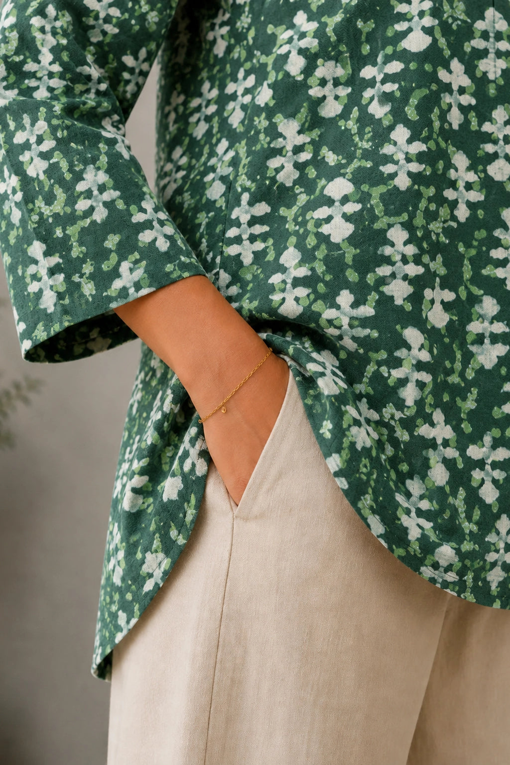 Green Floral Hand Block Print Pure Cotton Top