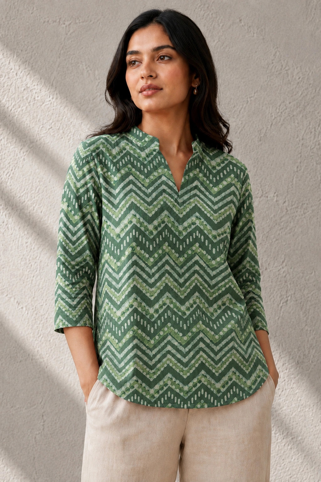 Green Chevron Hand Block Print Pure Cotton Top