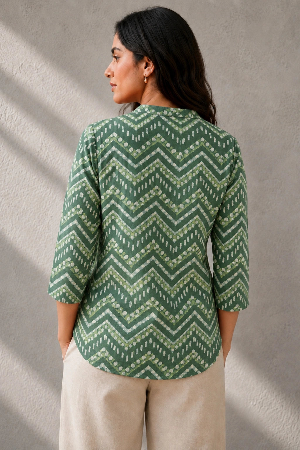 Green Chevron Hand Block Print Pure Cotton Top