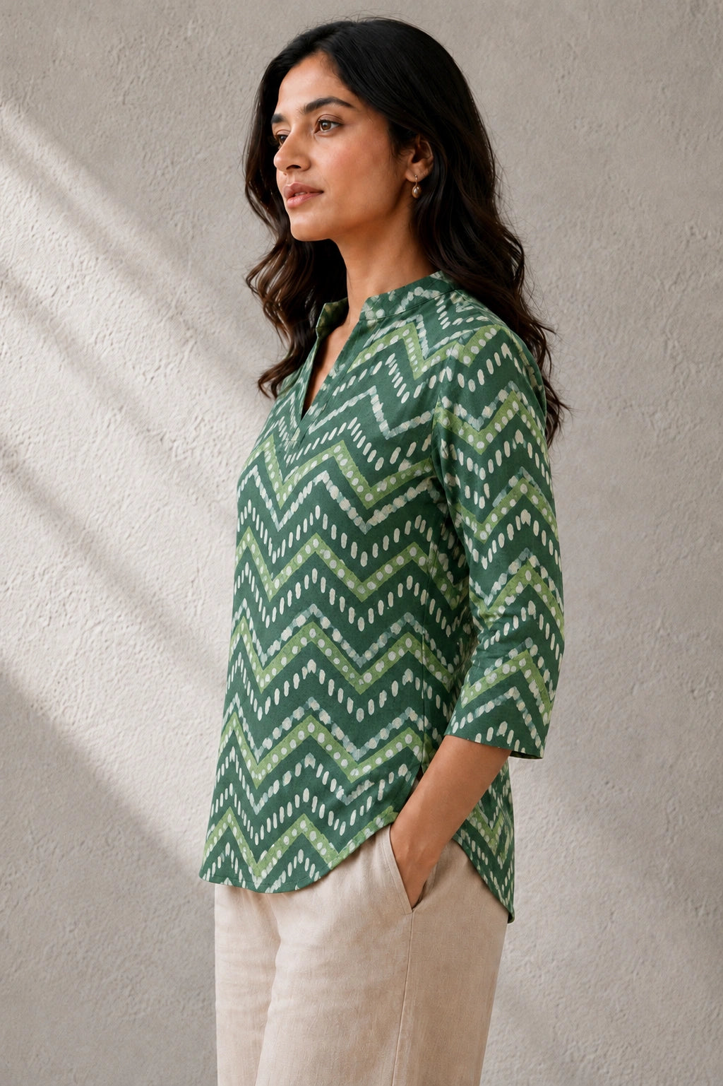 Green Chevron Hand Block Print Pure Cotton Top