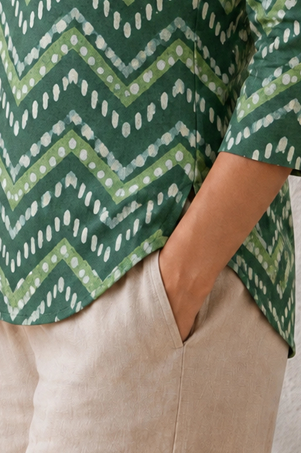 Green Chevron Hand Block Print Pure Cotton Top