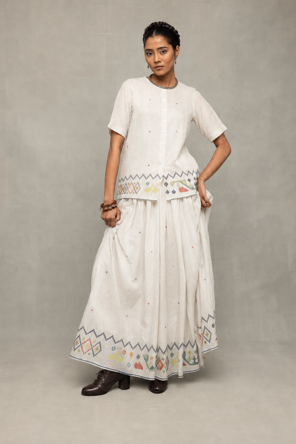Off-White Folk Motif Jamdani Skord Set