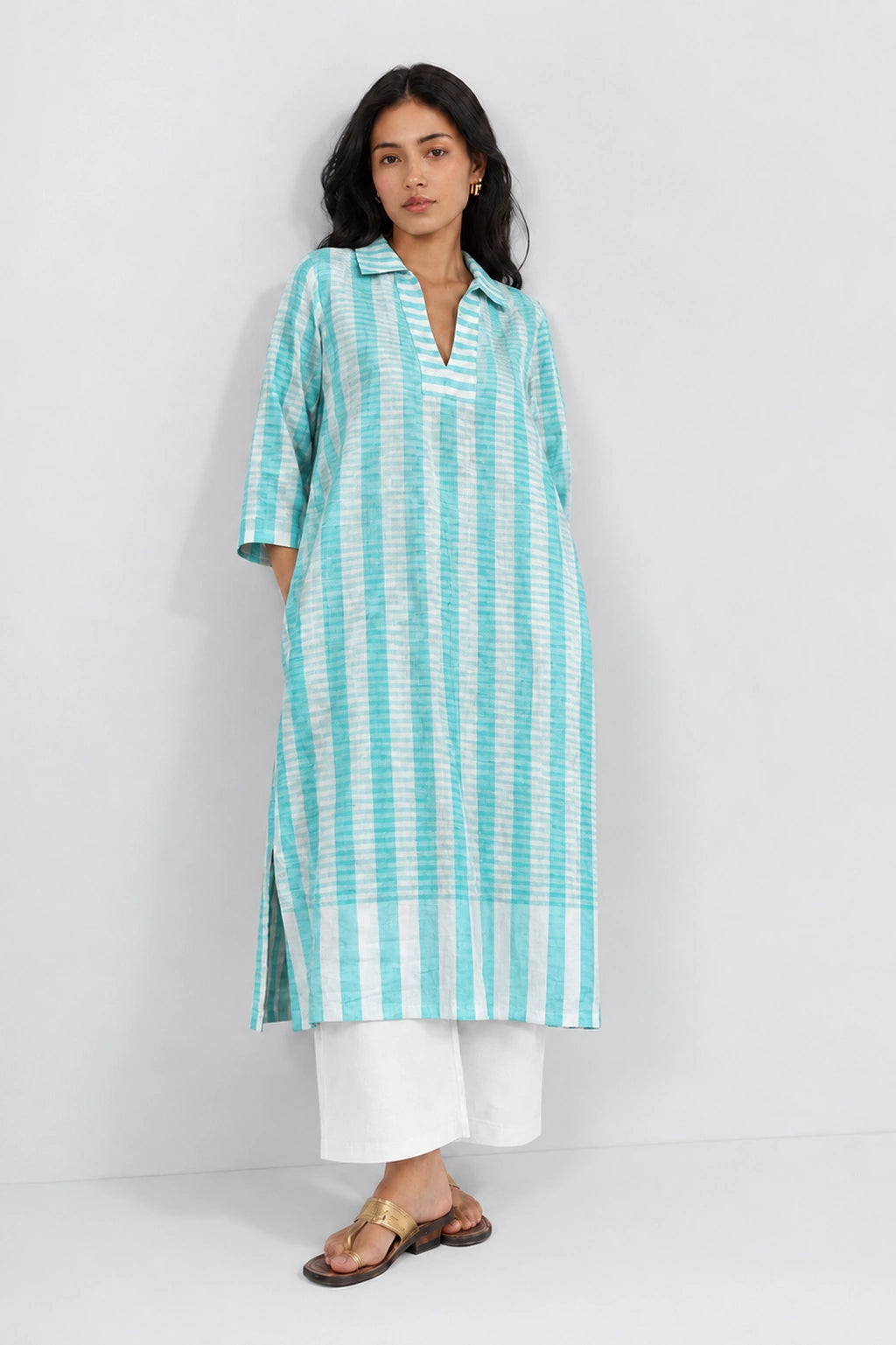 Aqua Blue Handwoven Bengal Cotton Striped Co-Ord Set