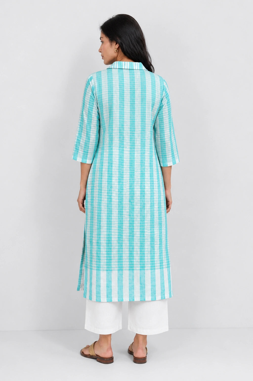 Aqua Blue Handwoven Bengal Cotton Striped Co-Ord Set
