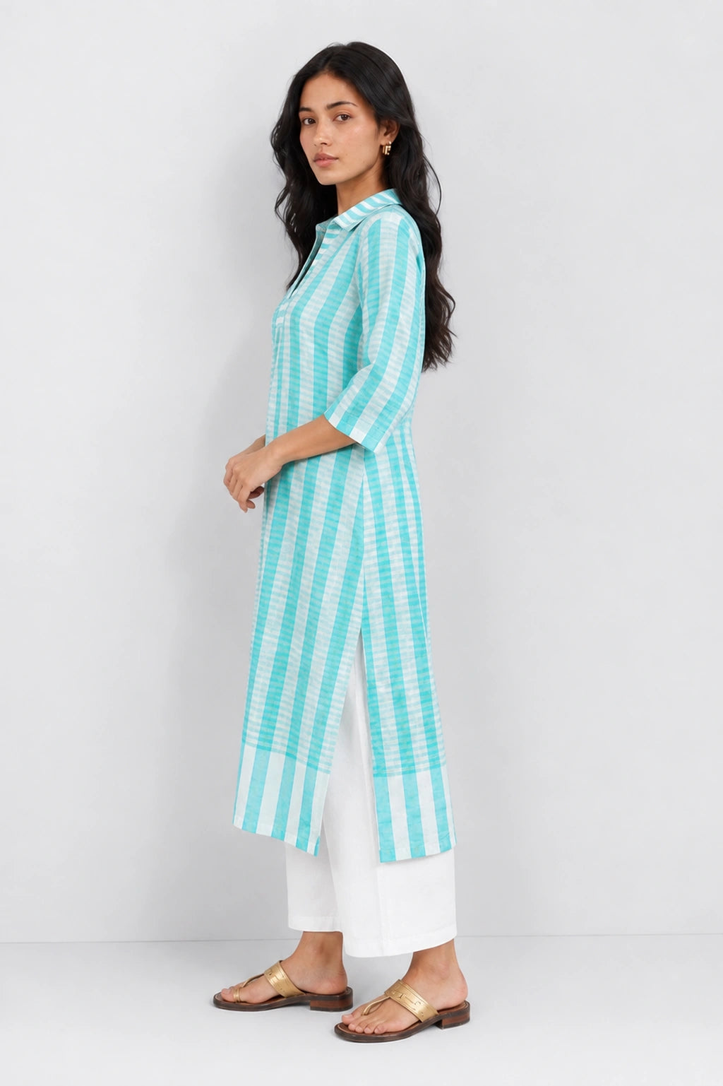 Aqua Blue Handwoven Bengal Cotton Striped Co-Ord Set