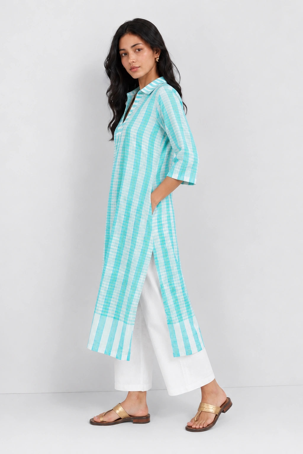 Aqua Blue Handwoven Bengal Cotton Striped Co-Ord Set