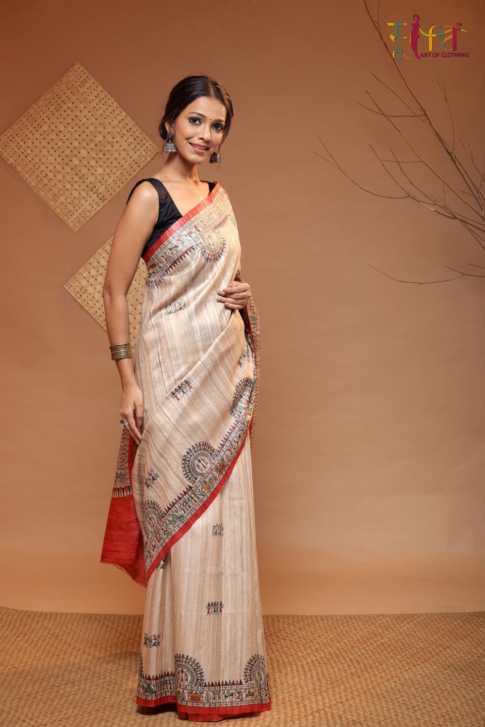 Beige Handloom Kosa Silk Tribal Art Saree With Red Border