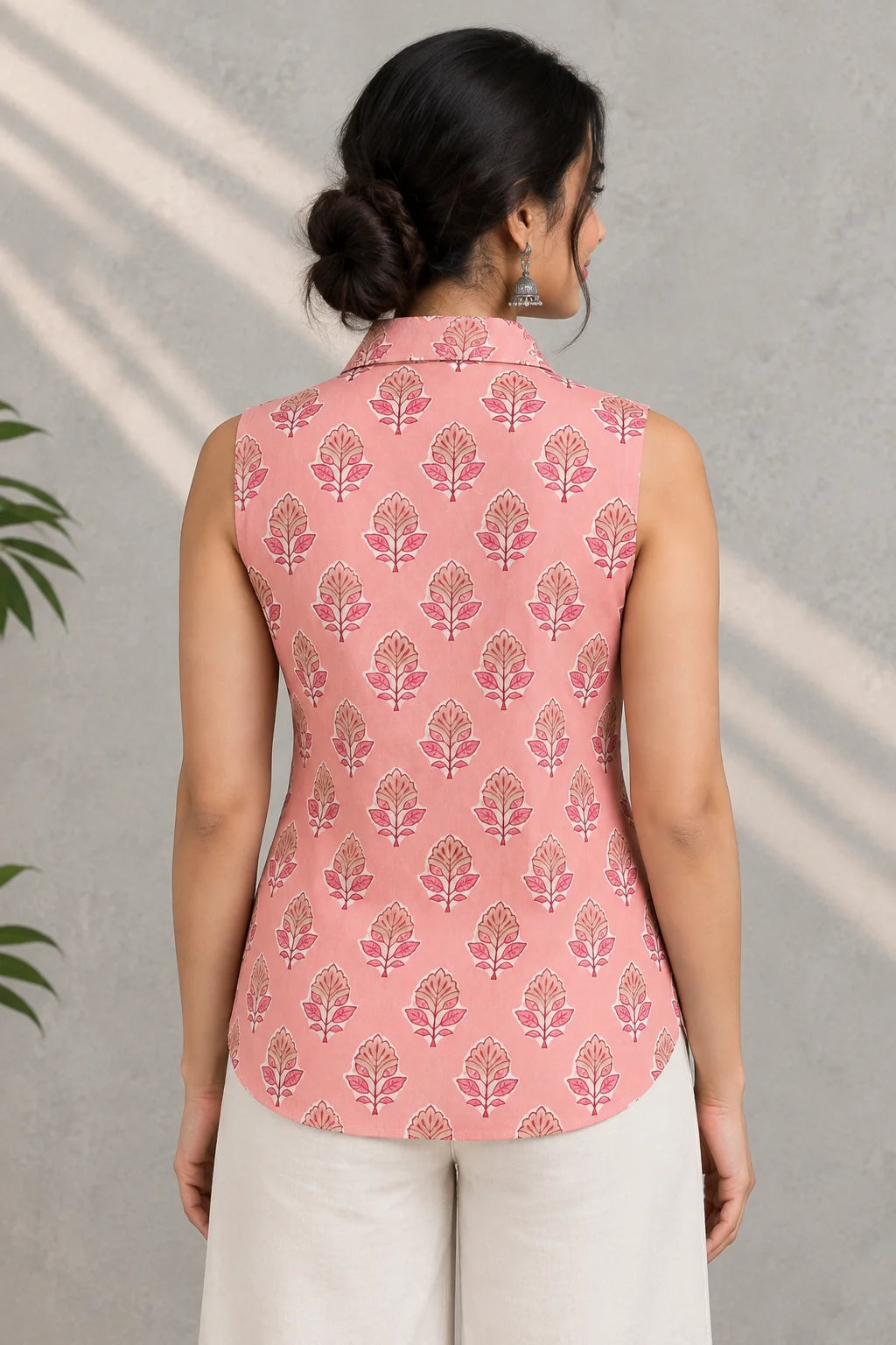 Pink Floral Block Print Pure Cotton Sleeveless Shirt
