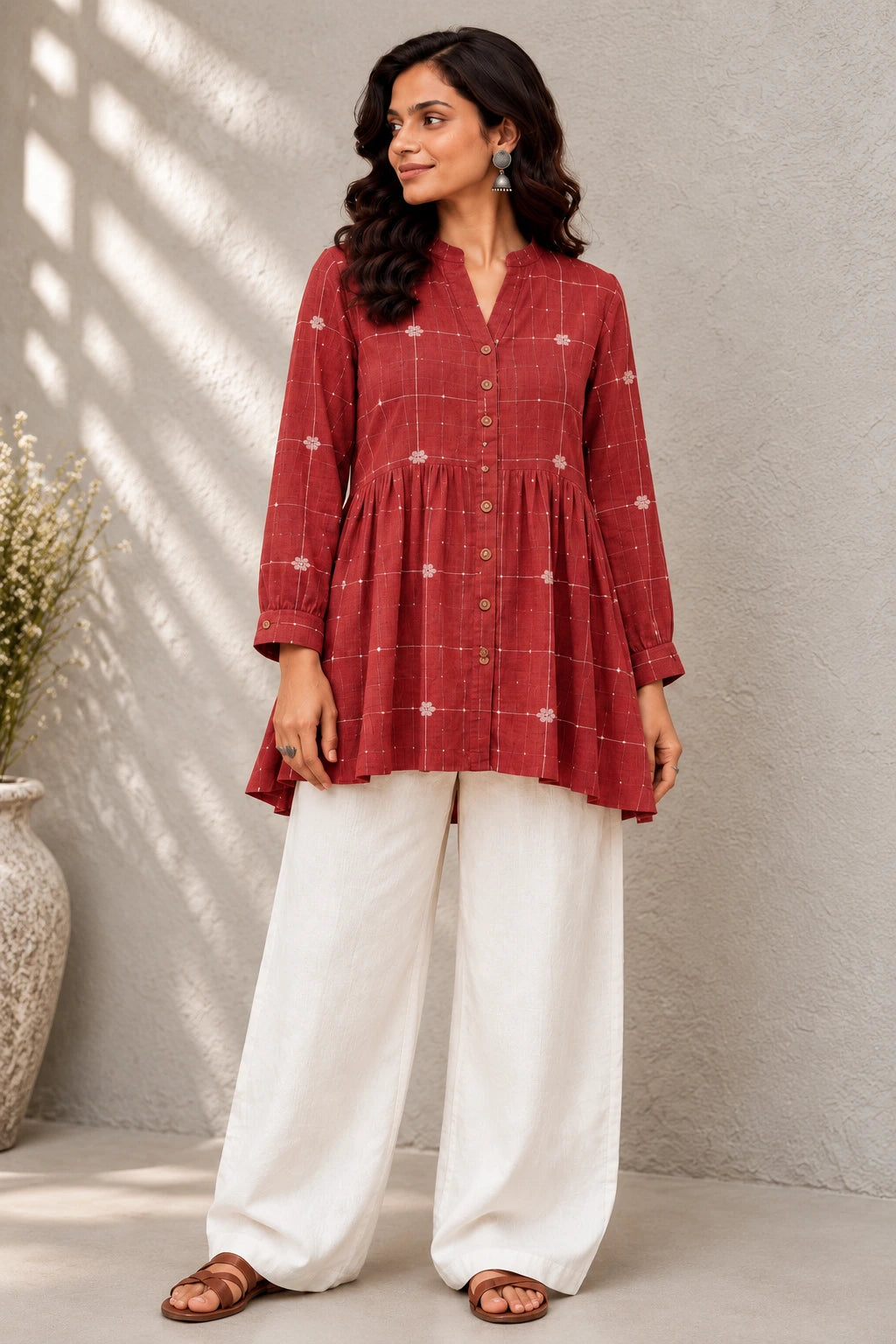 Crimson Red Check Pure Cotton Jamdani Top