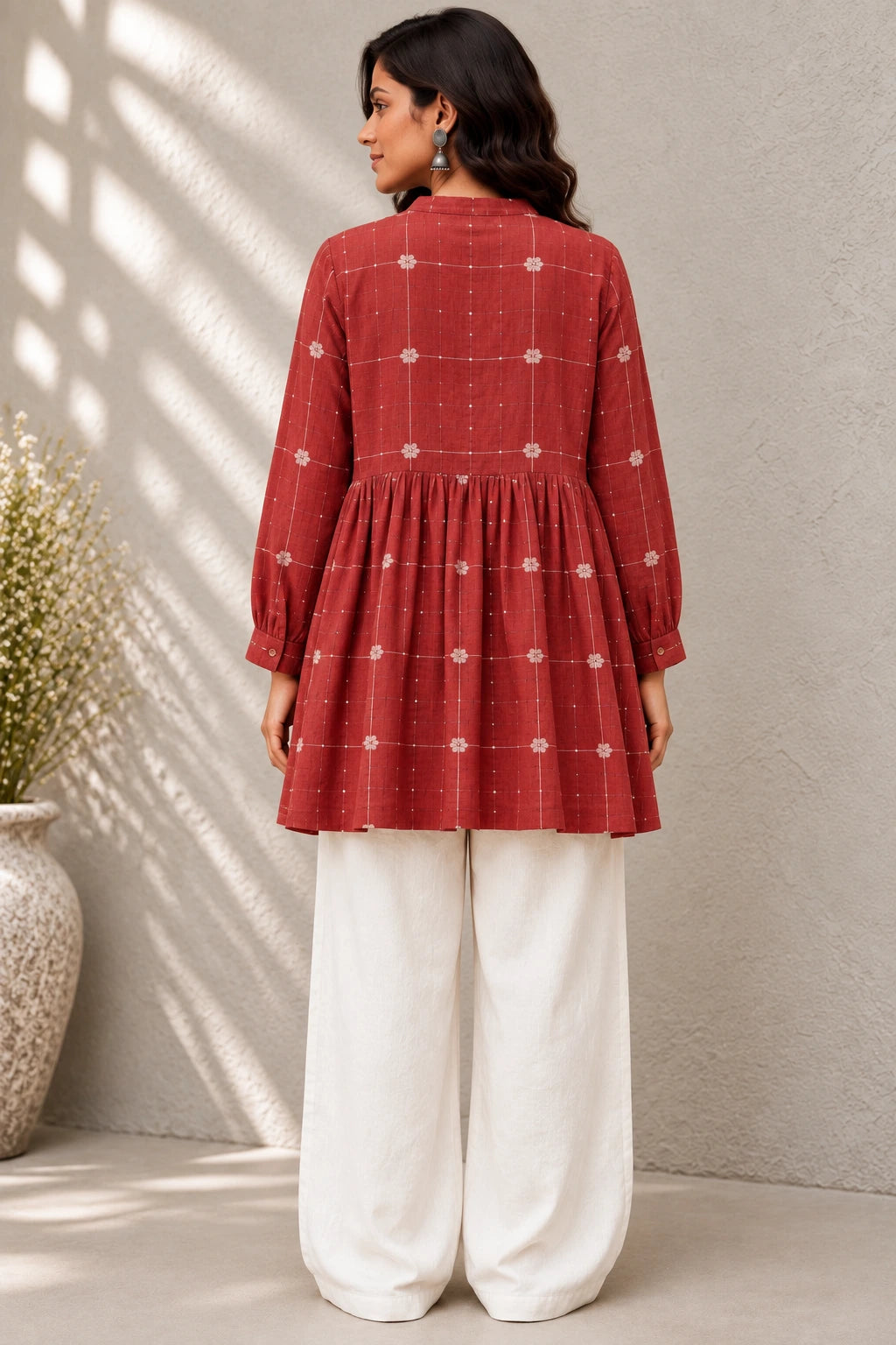 Crimson Red Check Pure Cotton Jamdani Top-Sutra Art of Clothing