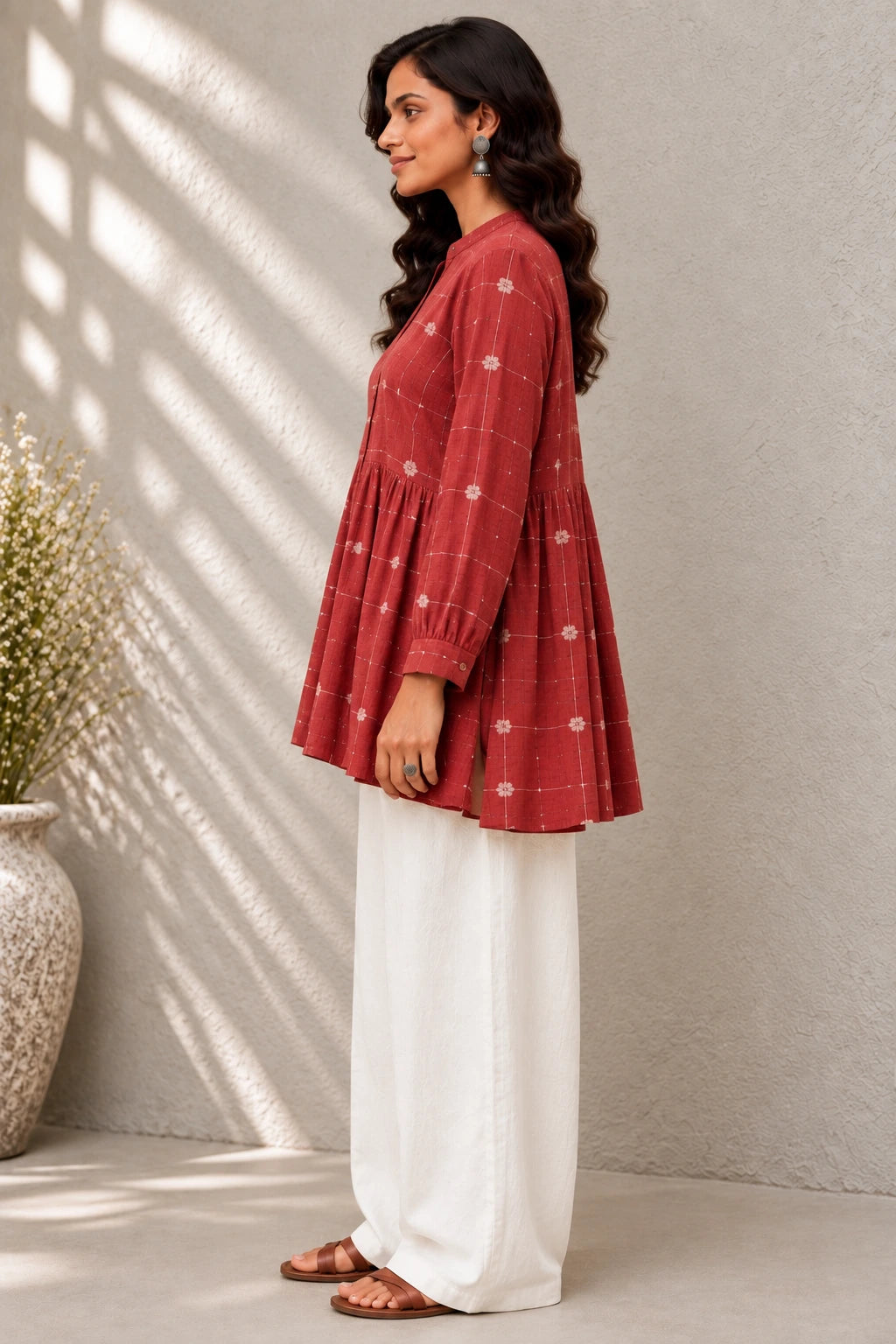 Crimson Red Check Pure Cotton Jamdani Top