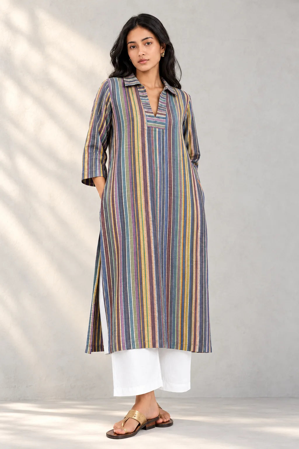 Multicolor Handwoven Pure Cotton Co-Ord Set with White Pant
