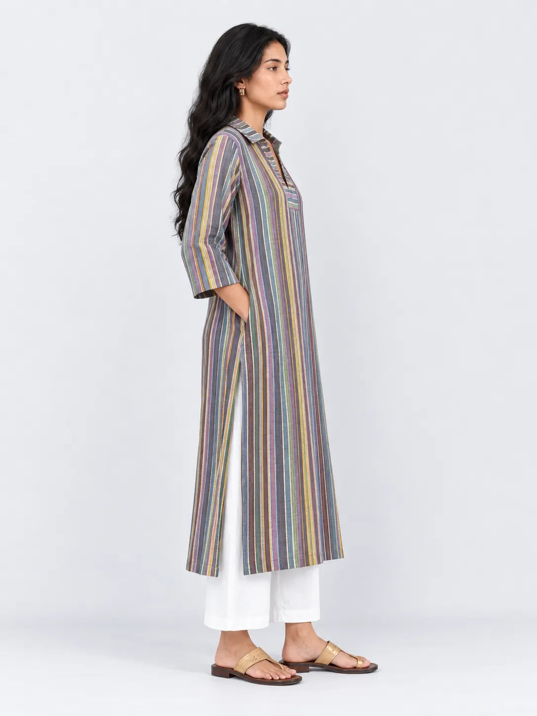 Multicolor Handwoven Pure Cotton Co-Ord Set with White Pant