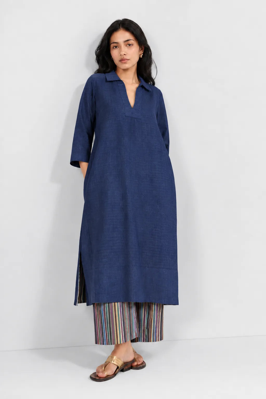 Navy Blue Handwoven Pure Cotton Co-Ord Set with Multicolor Stripes Pant
