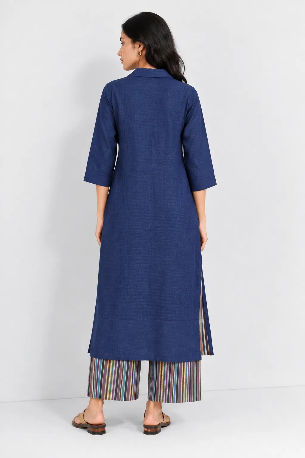 Navy Blue Handwoven Pure Cotton Co-Ord Set with Multicolor Stripes Pant