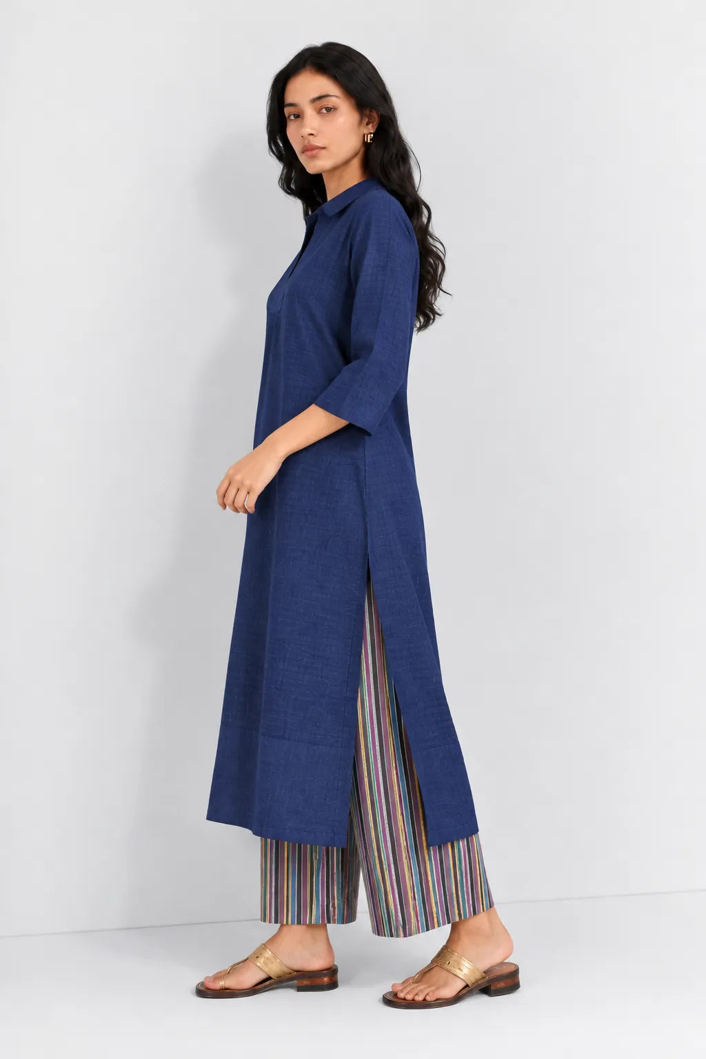 Navy Blue Handwoven Pure Cotton Co-Ord Set with Multicolor Stripes Pant