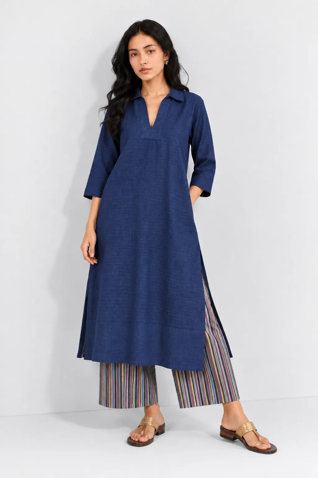 Navy Blue Handwoven Pure Cotton Co-Ord Set with Multicolor Stripes Pant