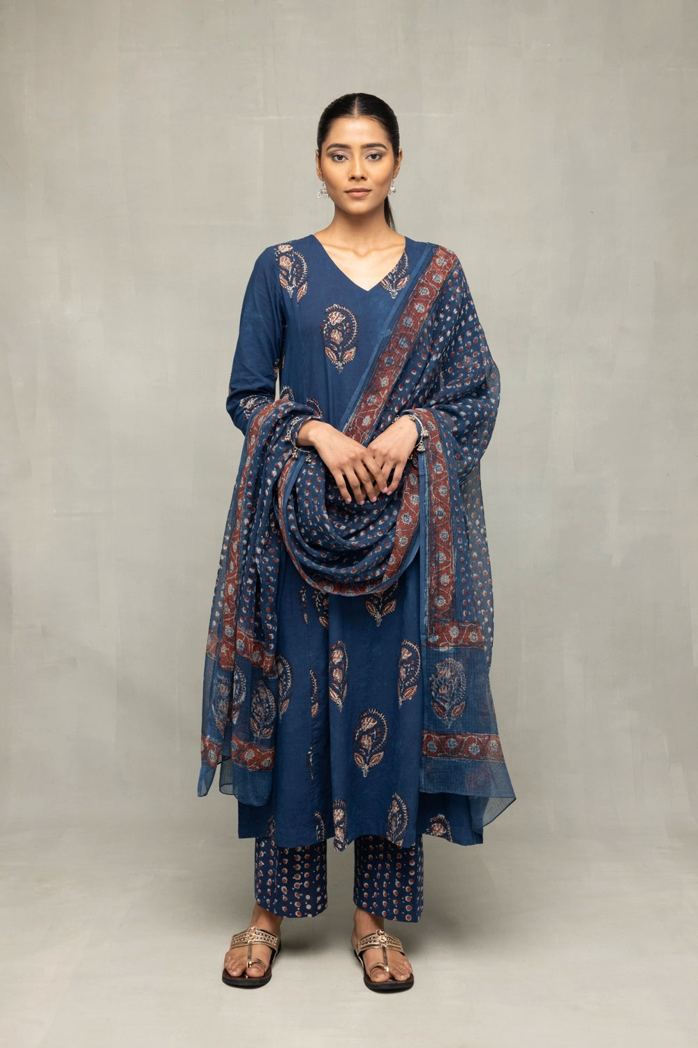 Indigo Hand Block Print Suit Set With Dupatta
