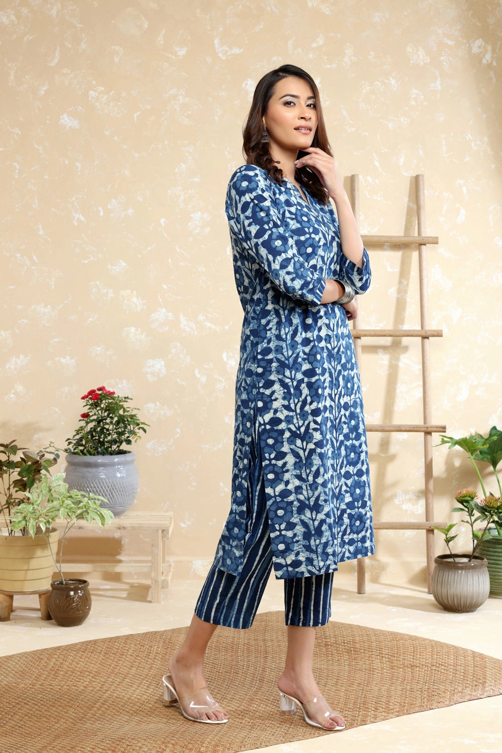 Indigo Pure Cotton Floral Big Block Print Kurta Set