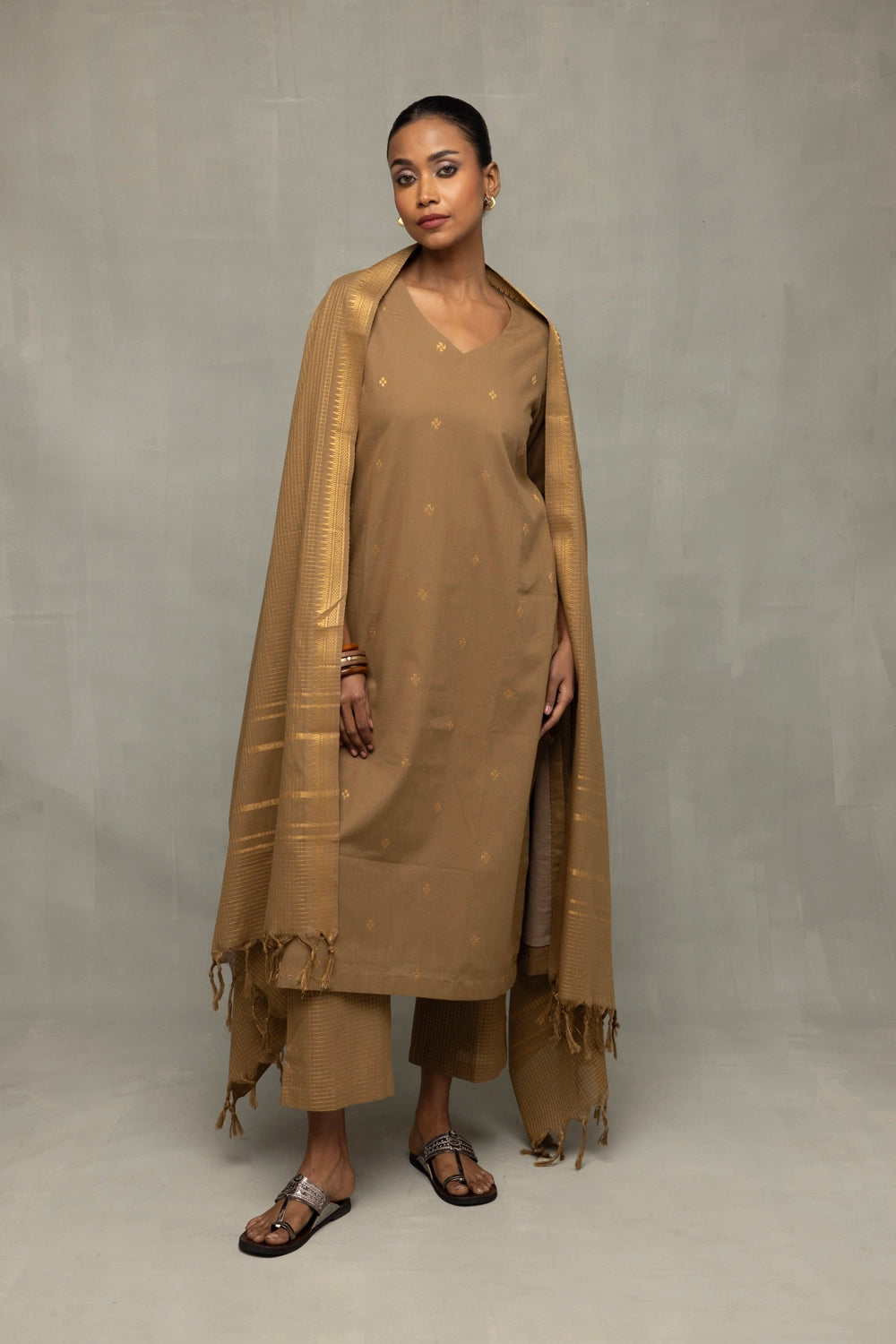 Earthy Brown Woven Suit Set with Subtle Buti & Zari Dupatta