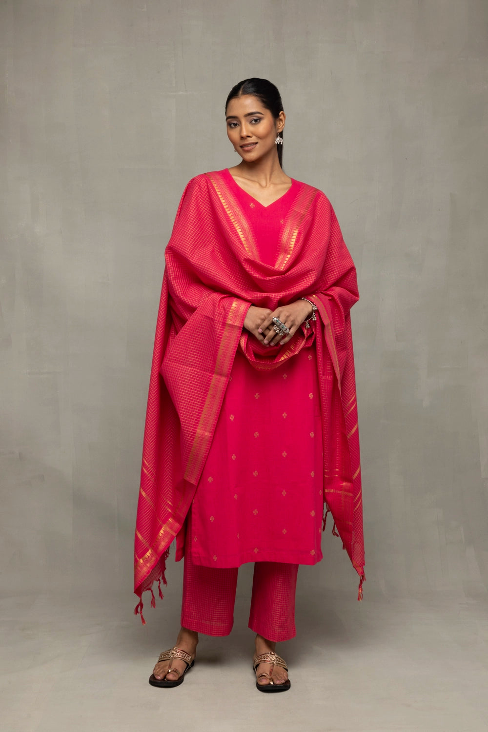 Pink Radiance Woven Suit Set with Subtle Buti & Zari Dupatta
