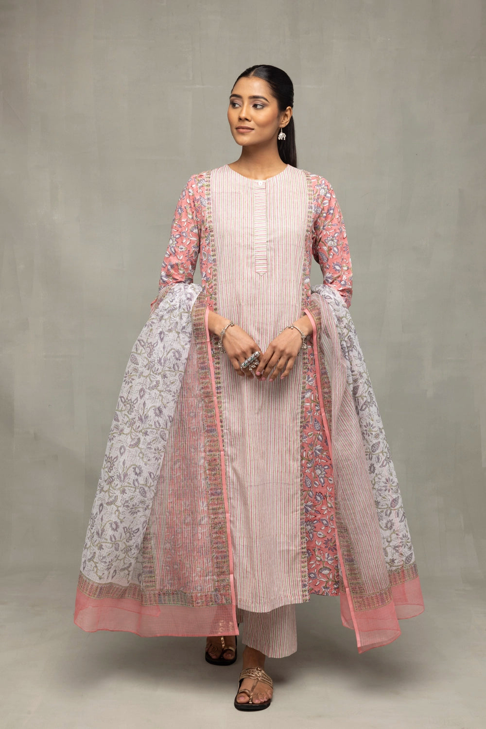 Salmon and Frost Pink Hand Block Printed Suit Set With Dupatta