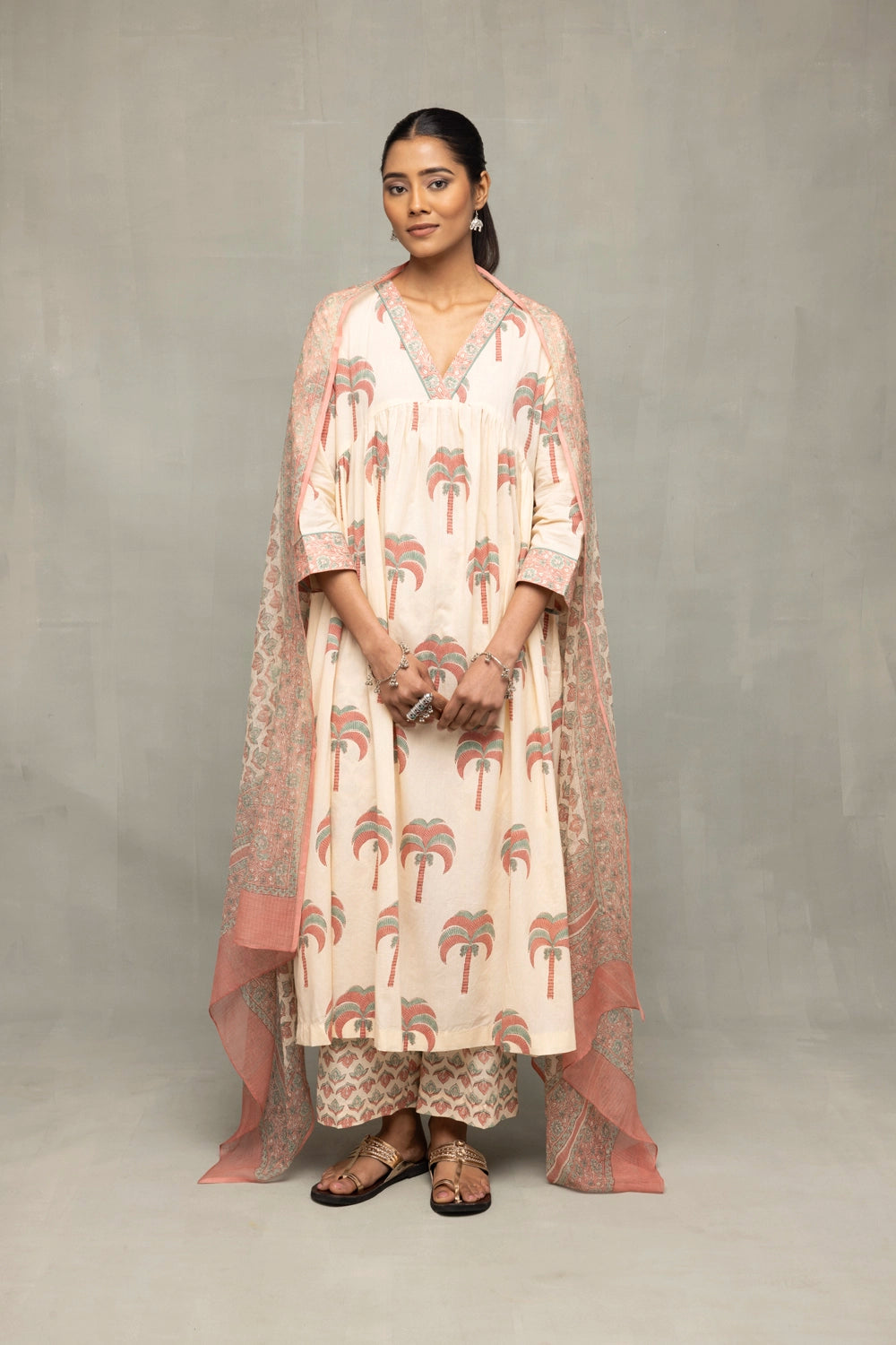 Beige Palm Hand Block Print Suit Set With Dupatta