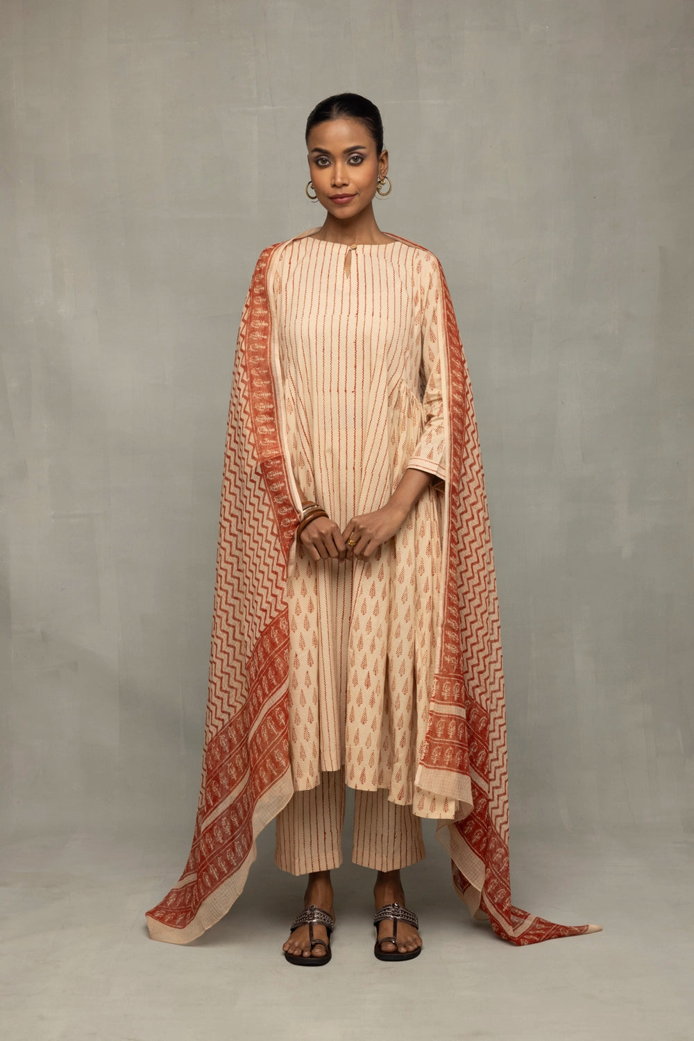 Beige and Maroon Hand Block Print Suit Set With Dupatta