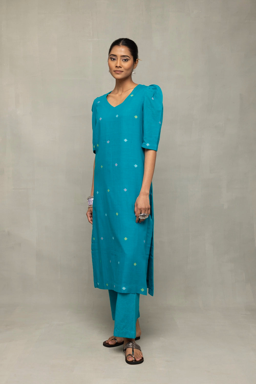 Teal Green Yantra Motif Jamdani Co-Ord Set