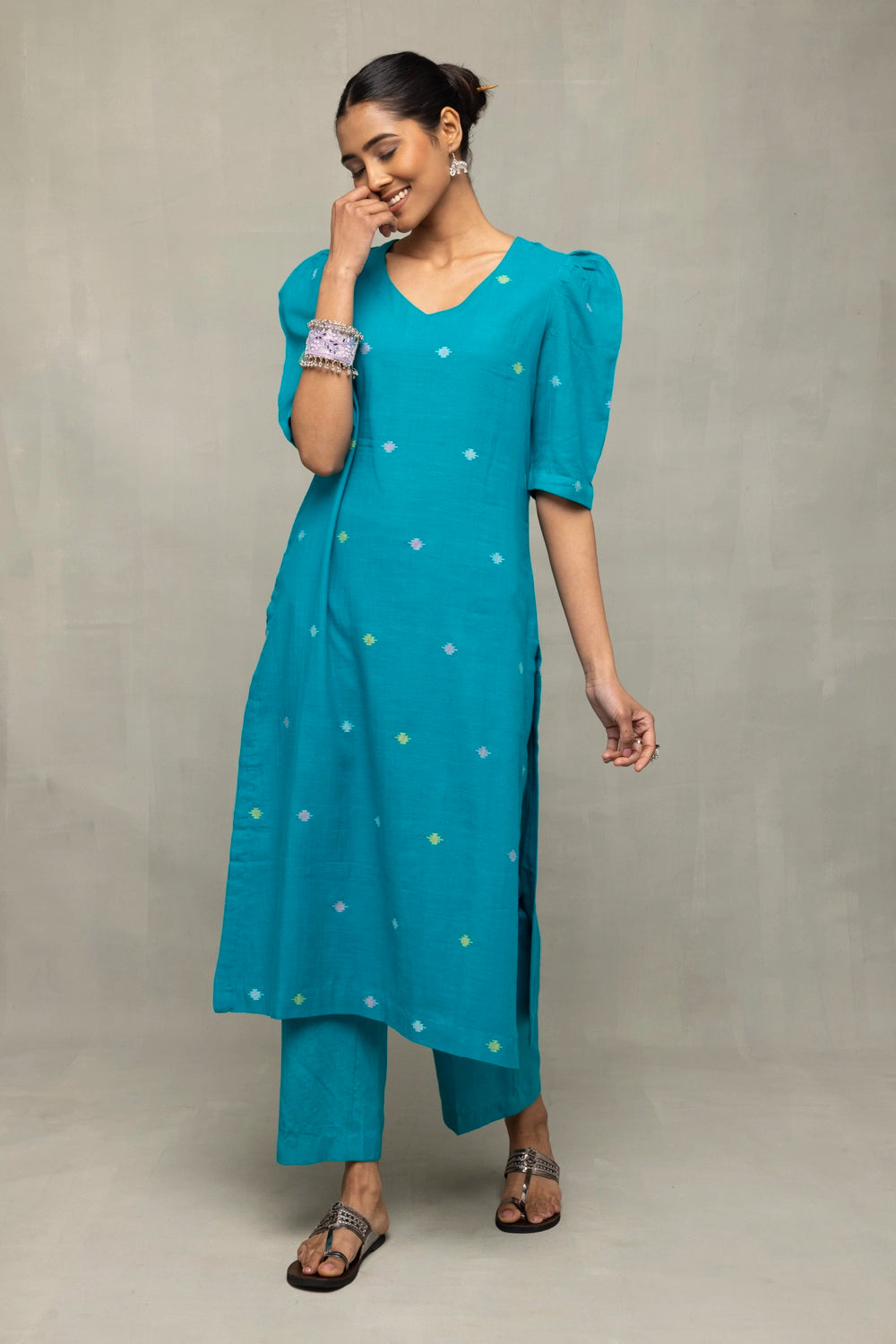 Teal Green Yantra Motif Jamdani Co-Ord Set