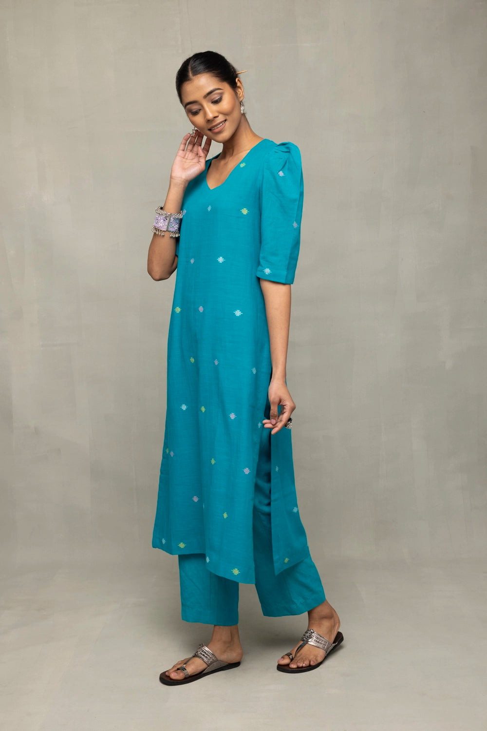 Teal Green Yantra Motif Jamdani Co-Ord Set