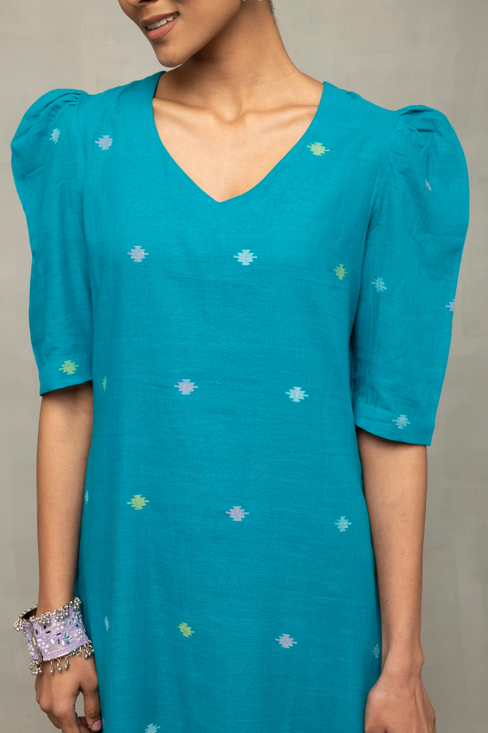 Teal Green Yantra Motif Jamdani Co-Ord Set