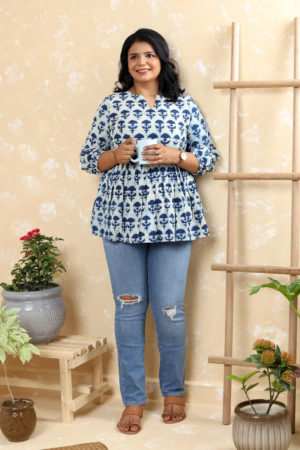 Blue Pure Cotton Flower Block Print Flared Top