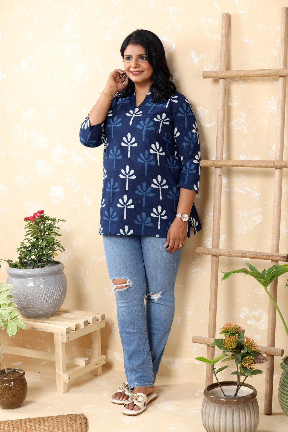 Indigo Blue Pure Cotton Floral Block Print Top