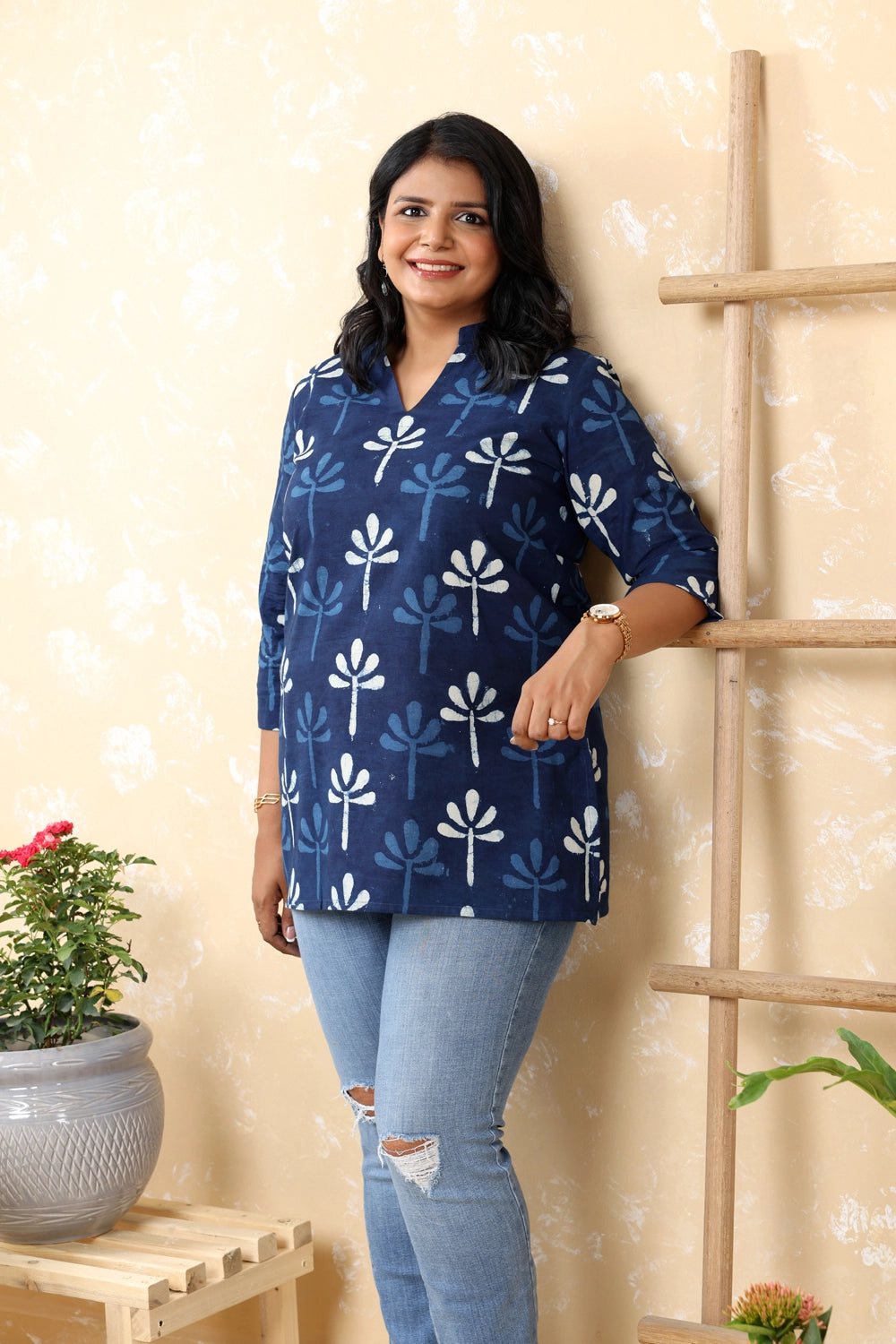 Indigo Blue Pure Cotton Floral Block Print Top