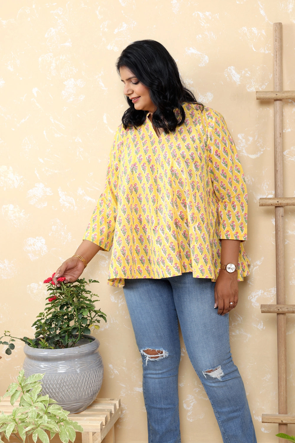 Yellow Pure Cotton Pink Floral Block Print Top