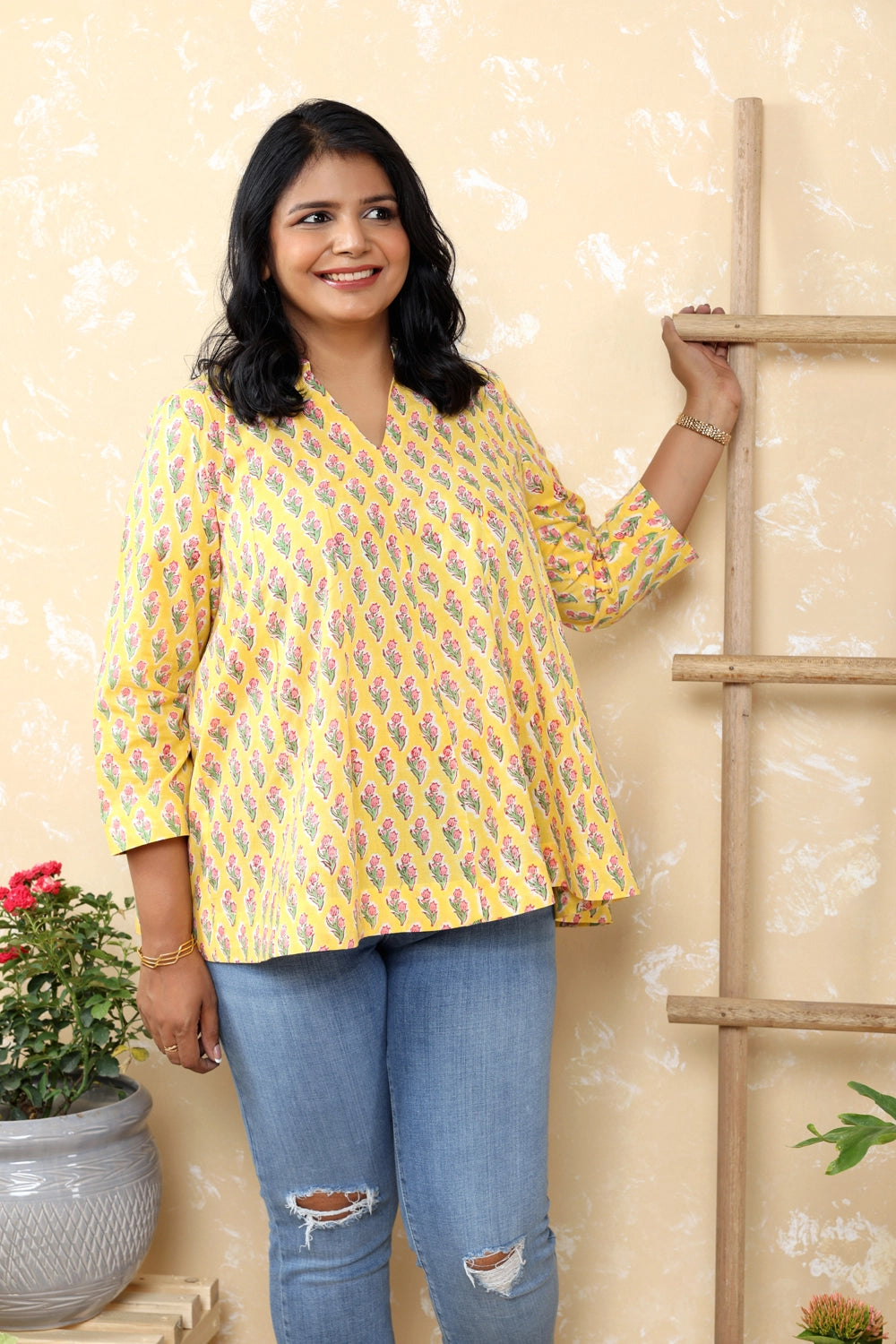 Yellow Pure Cotton Pink Floral Block Print Top