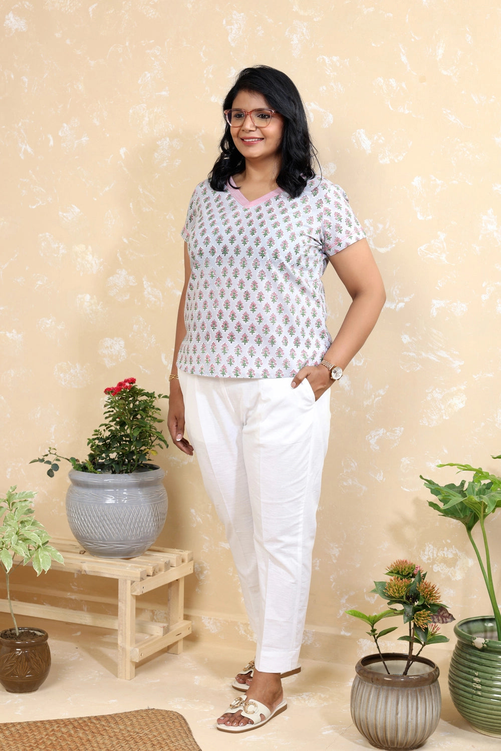 Grey Pure Cotton Pink Flower Block Print Top