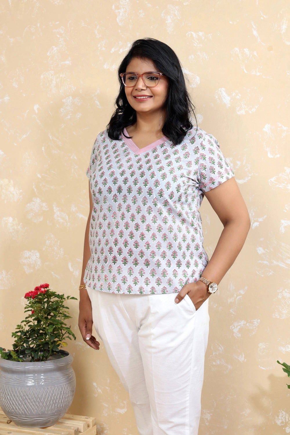 Grey Pure Cotton Pink Flower Block Print Top