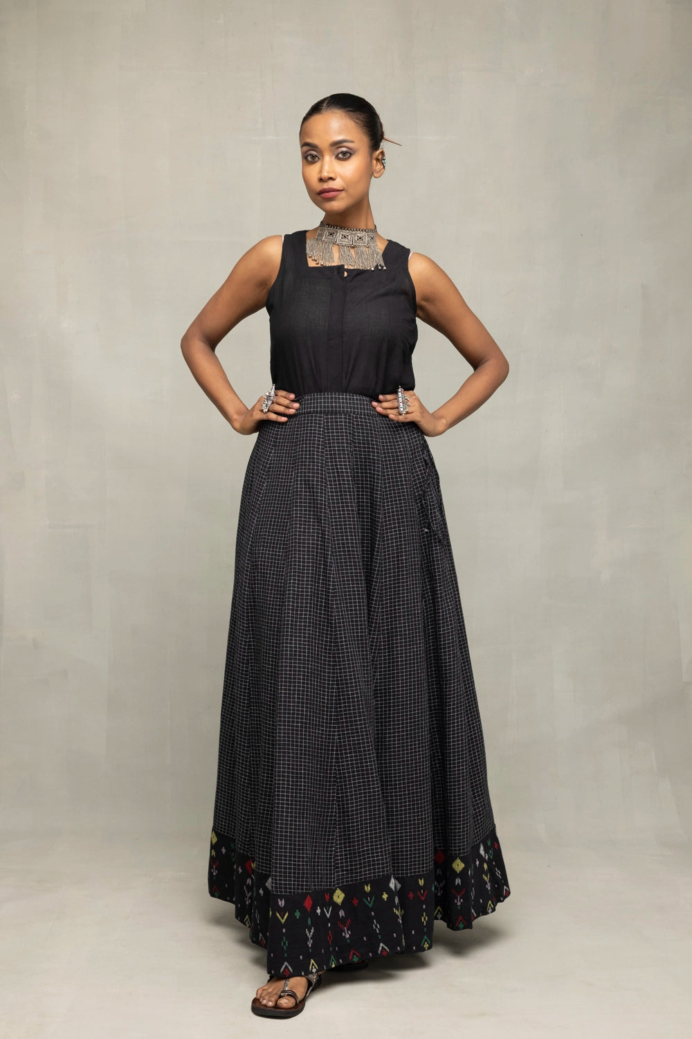 Handloom Black Contemporary Jamdani Flared Skirt